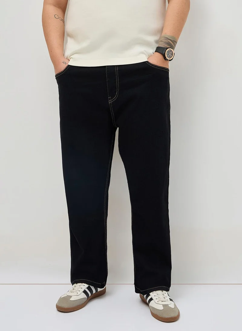 أوربانو فاشن Urbano Plus Men's Black Straight Fit Heavy Washed Denim Jeans Stretchable